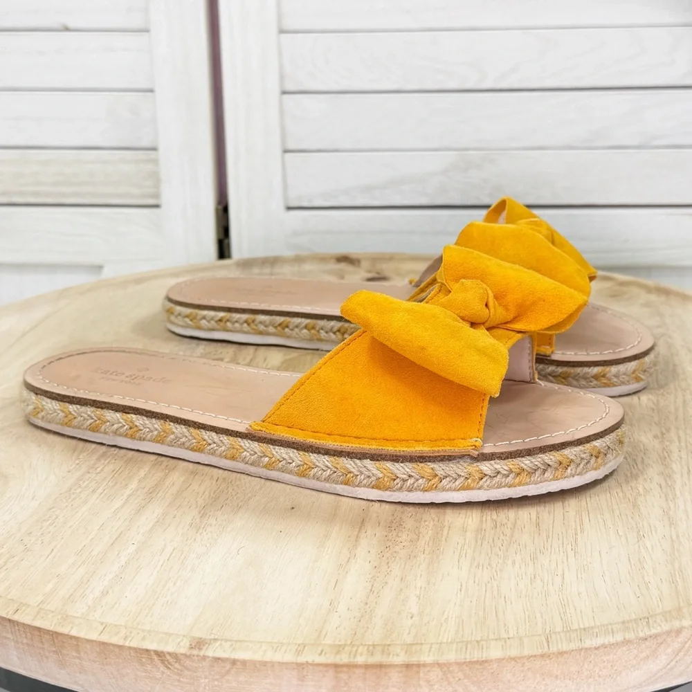 Kate Spade Bow Top Suede Espadrille Slide Sandals Yellow 7.5 - Picture 2 of 12